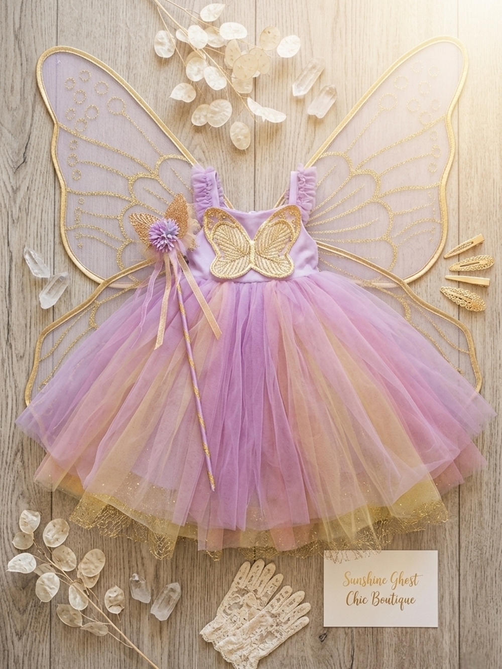 Pottery Barn Kids Lilac and Pale Pink Fairy Dress with Gold Trim